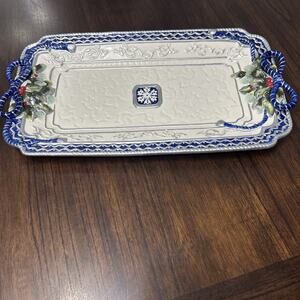 Cosmos Gifts Christmas Blue Holiday Bow Rectangular Platter